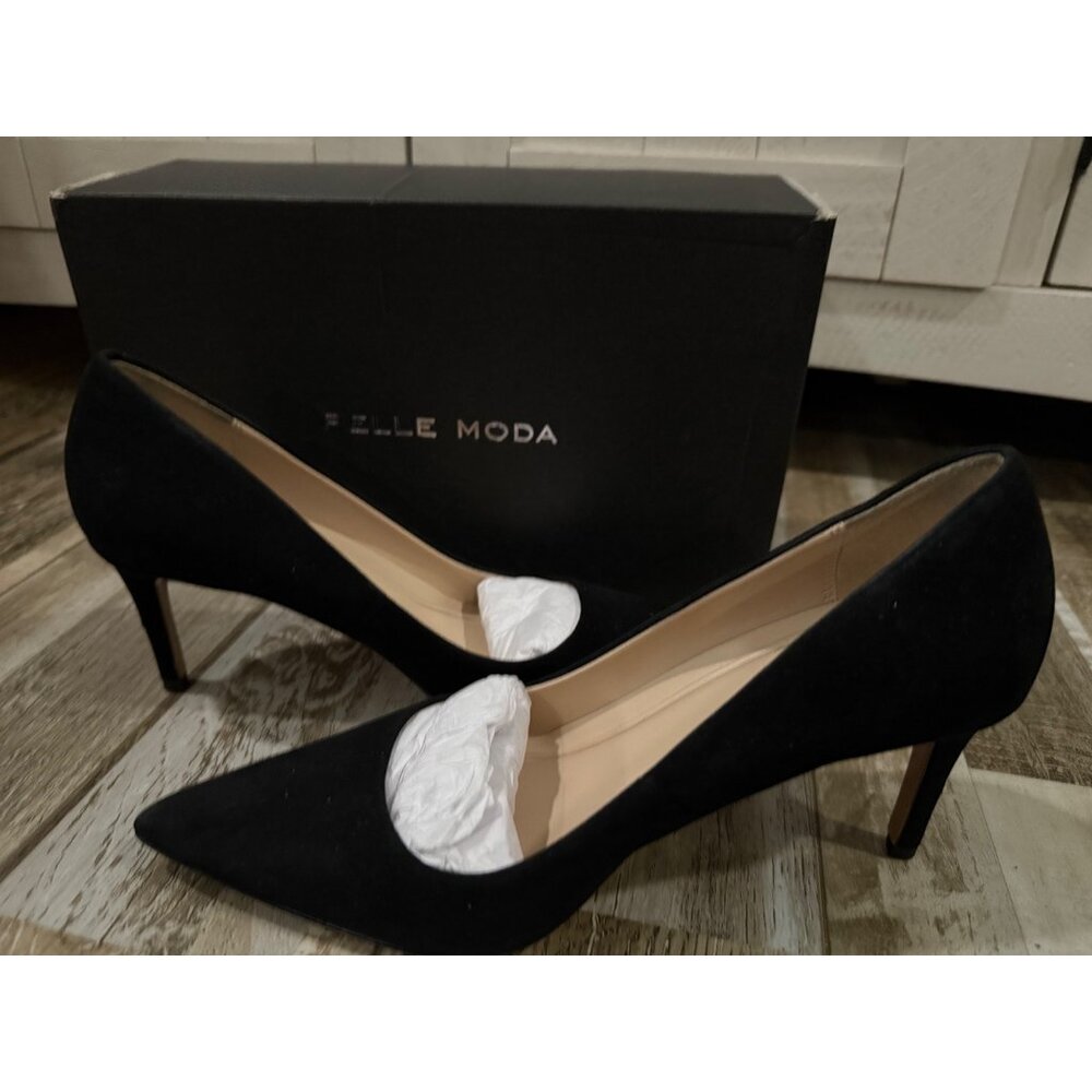 Pelle Moda Black Pointed Toe Mid Kitten Heel Pumps